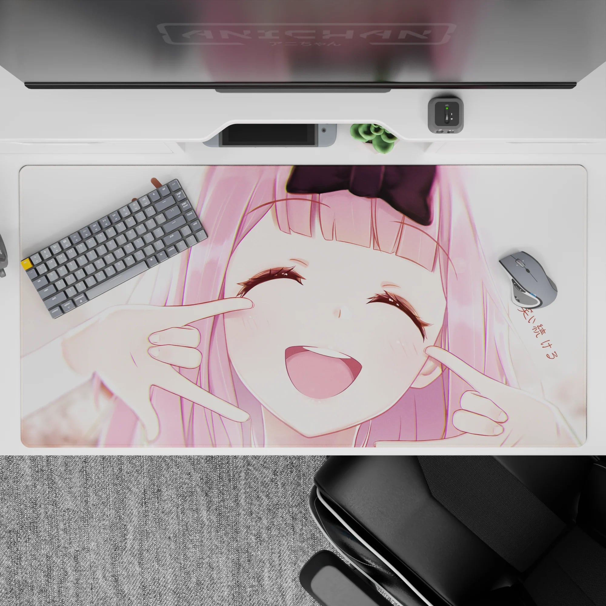 Cute anime desk pad 40x20 inches in soft blush pinks and creamy highlights, warm flirty mood.