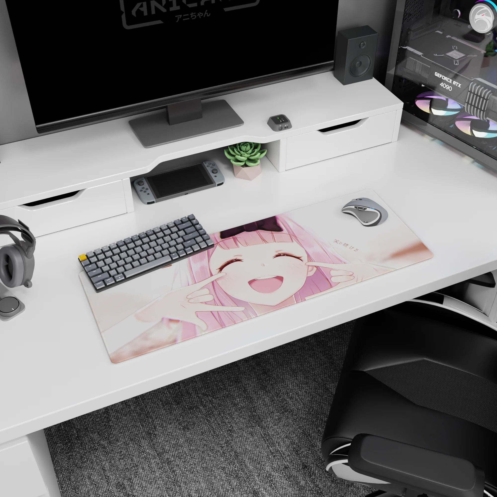 32x12 inches anime mouse pad showing cheeks squished into a huge grin, pink hair and black bow.