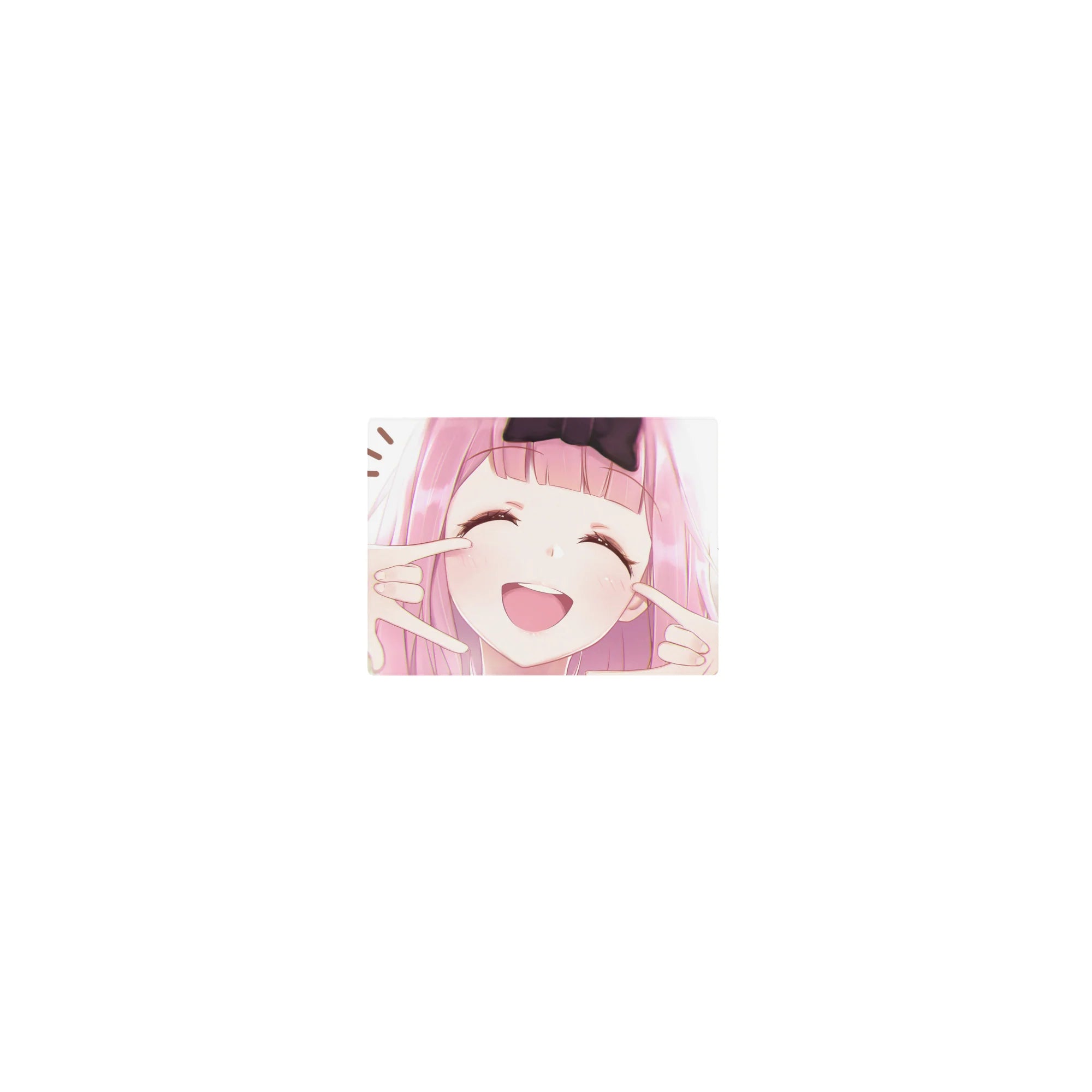 Classic anime girl mouse pad 14x10 inches with pink-haired girl, big black bow, closed-eye smile.