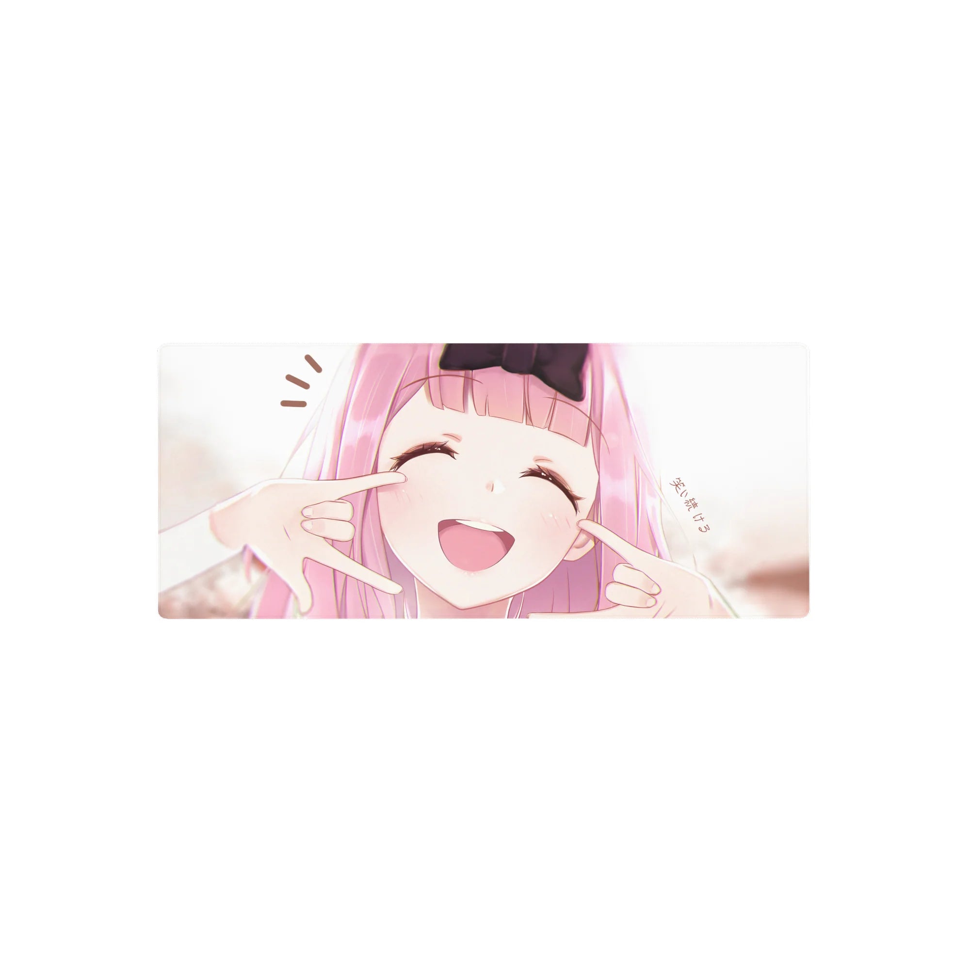 28x12 inches anime girl mouse pad with pink-haired cutie, big black bow, closed-eye smile art.