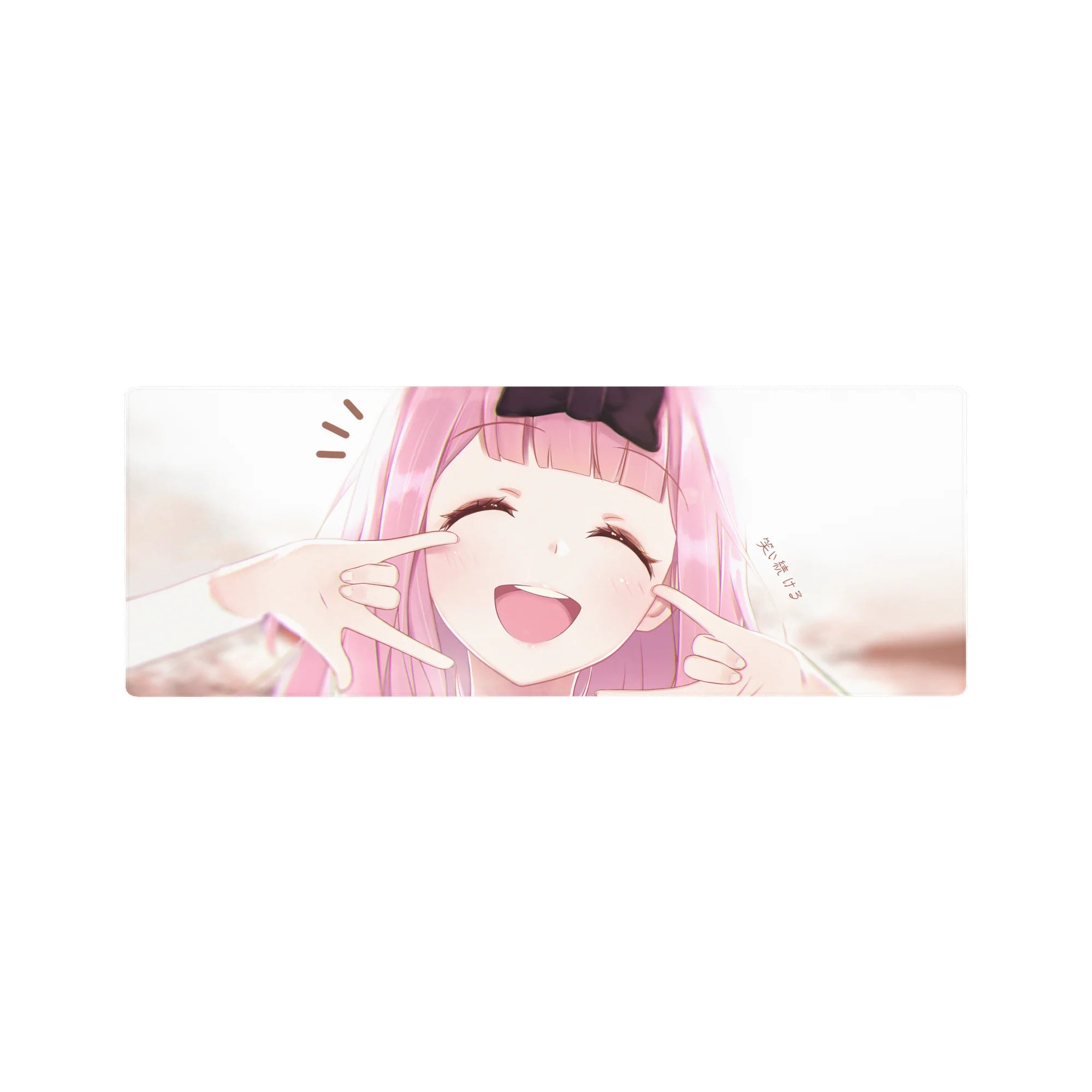 32x12 inches anime girl mouse pad with pink-haired girl, big black bow, closed-eye smile desk mat.