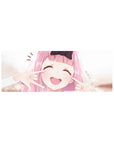32x12 inches anime girl mouse pad with pink-haired girl, big black bow, closed-eye smile desk mat.