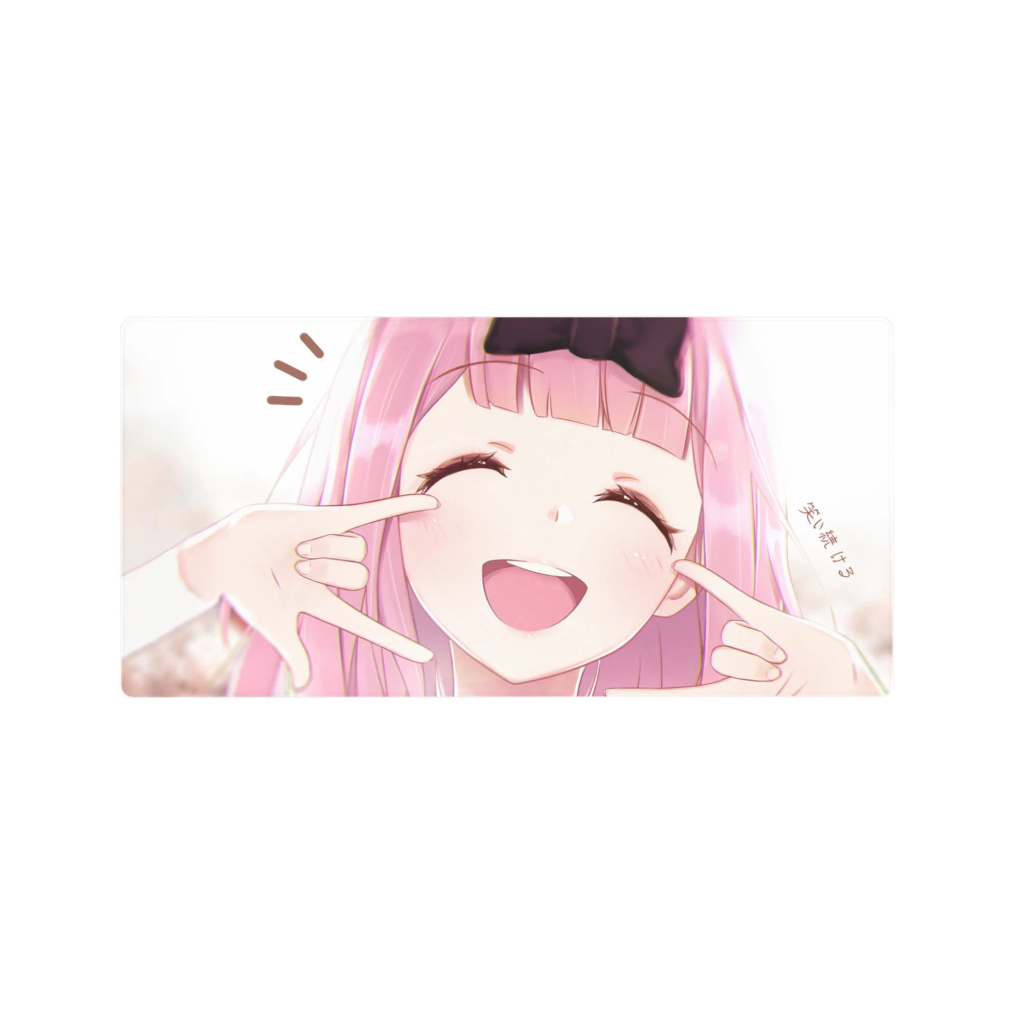 32x16 inches anime girl mouse pad with pink-haired girl, big black bow, smiling with eyes closed.