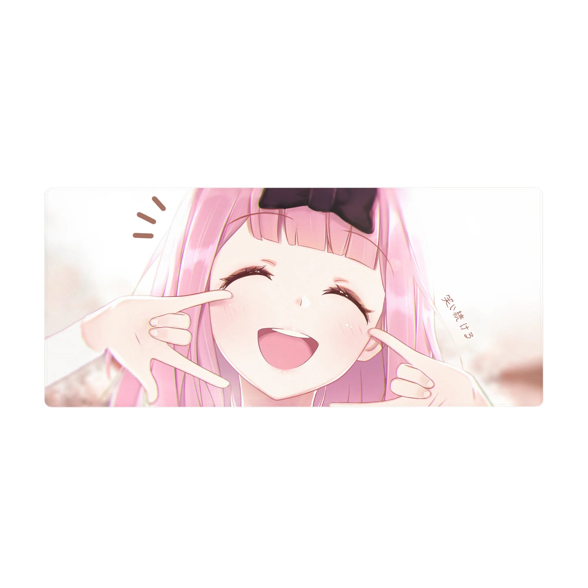 Anime girl desk pad 36x16 inches with pink-haired cute character, big black bow, smiling face design.