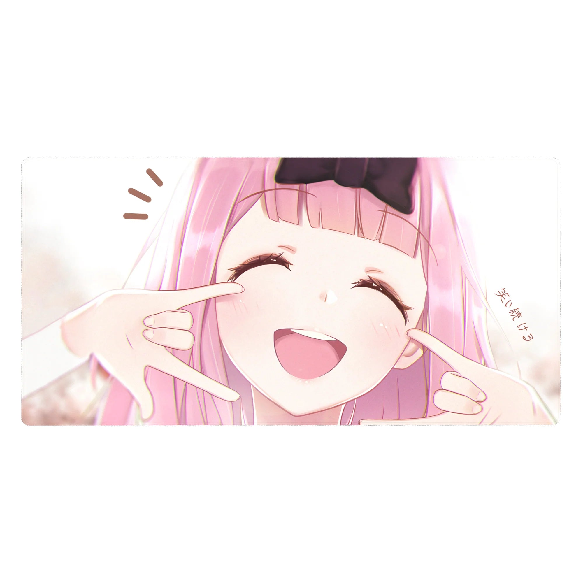 Anime girl desk pad 40x20 inches with pink-haired cutie, big black bow, eyes closed, smiley pose.