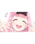 Anime girl desk pad 40x20 inches with pink-haired cutie, big black bow, eyes closed, smiley pose.