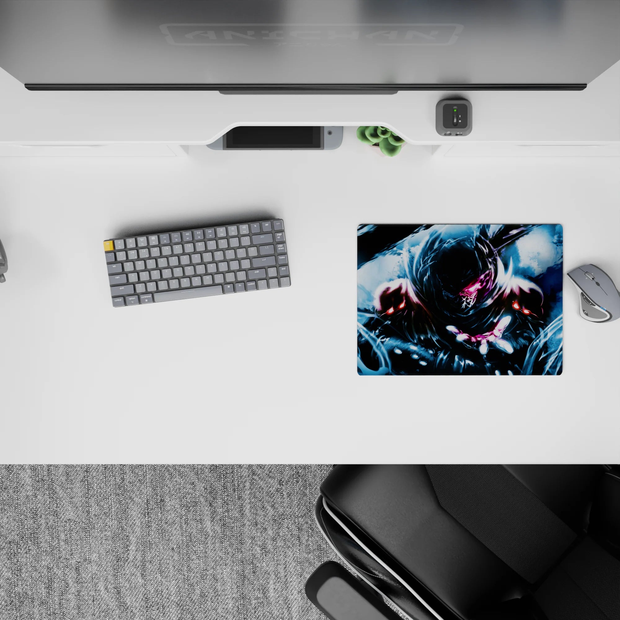 Classic anime mouse pad 14x10 inches in cold blues with rain-gloss highlights and a tense, silent mood.
