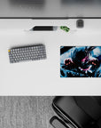 Classic anime mouse pad 14x10 inches in cold blues with rain-gloss highlights and a tense, silent mood.