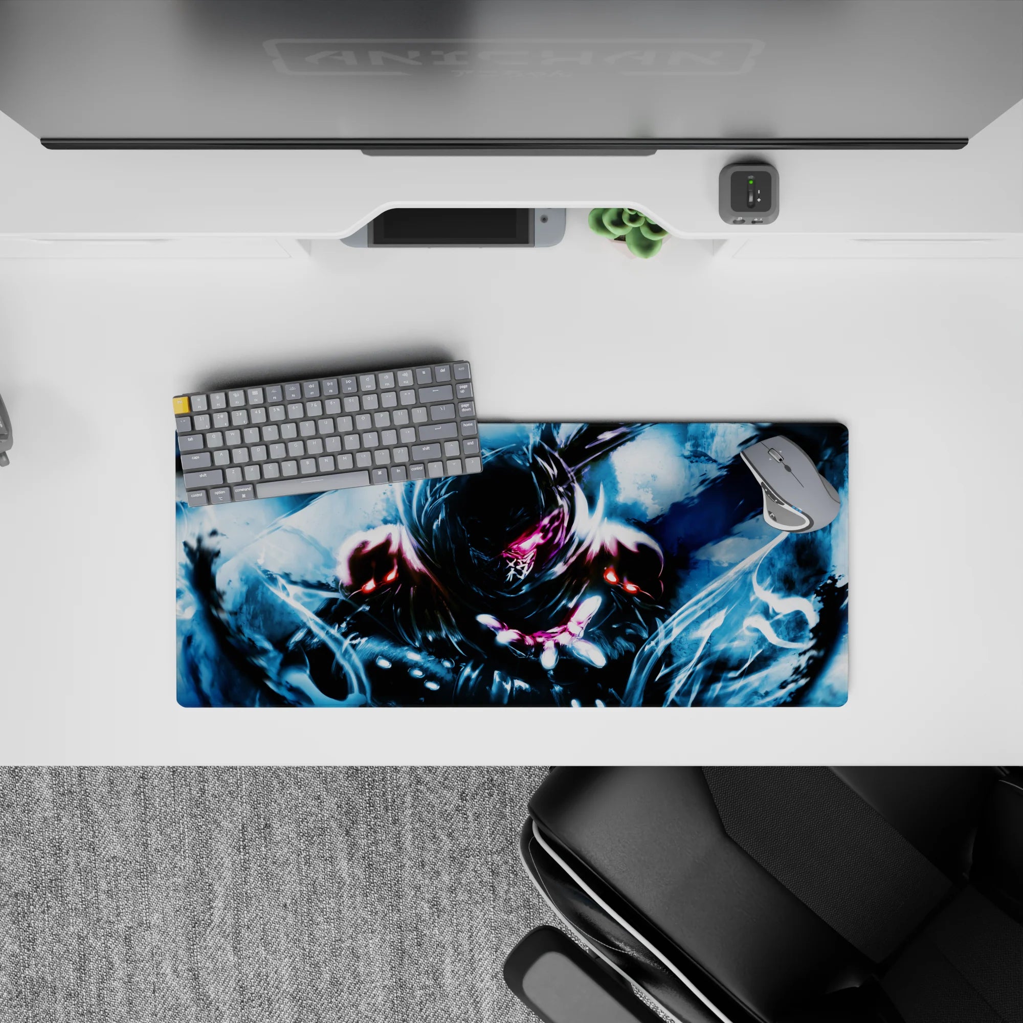 28x12 inches anime mouse pad in cold blues with stormy brush strokes, glossy rain-lit highlights, intense mood.