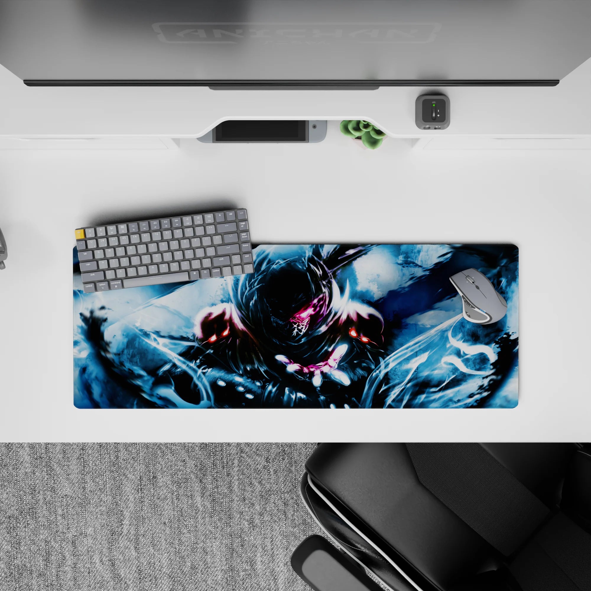 Stormy blue anime mouse pad 32x12 inches, cold swirling brushstrokes and rain-gloss highlights.