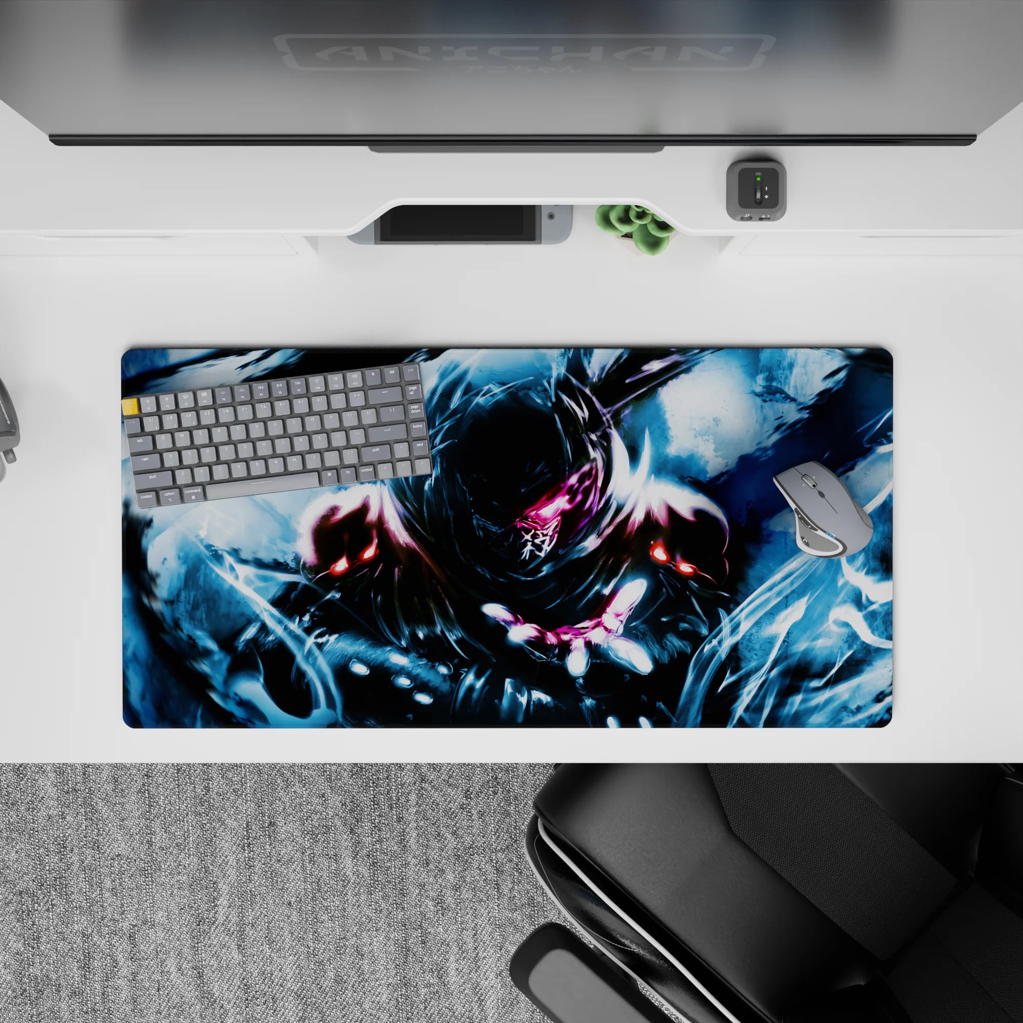 32x16 inches anime mouse pad in cold blues with stormy brush strokes, rain-gloss highlights, intense mood.