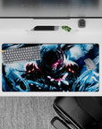 32x16 inches anime mouse pad in cold blues with stormy brush strokes, rain-gloss highlights, intense mood.
