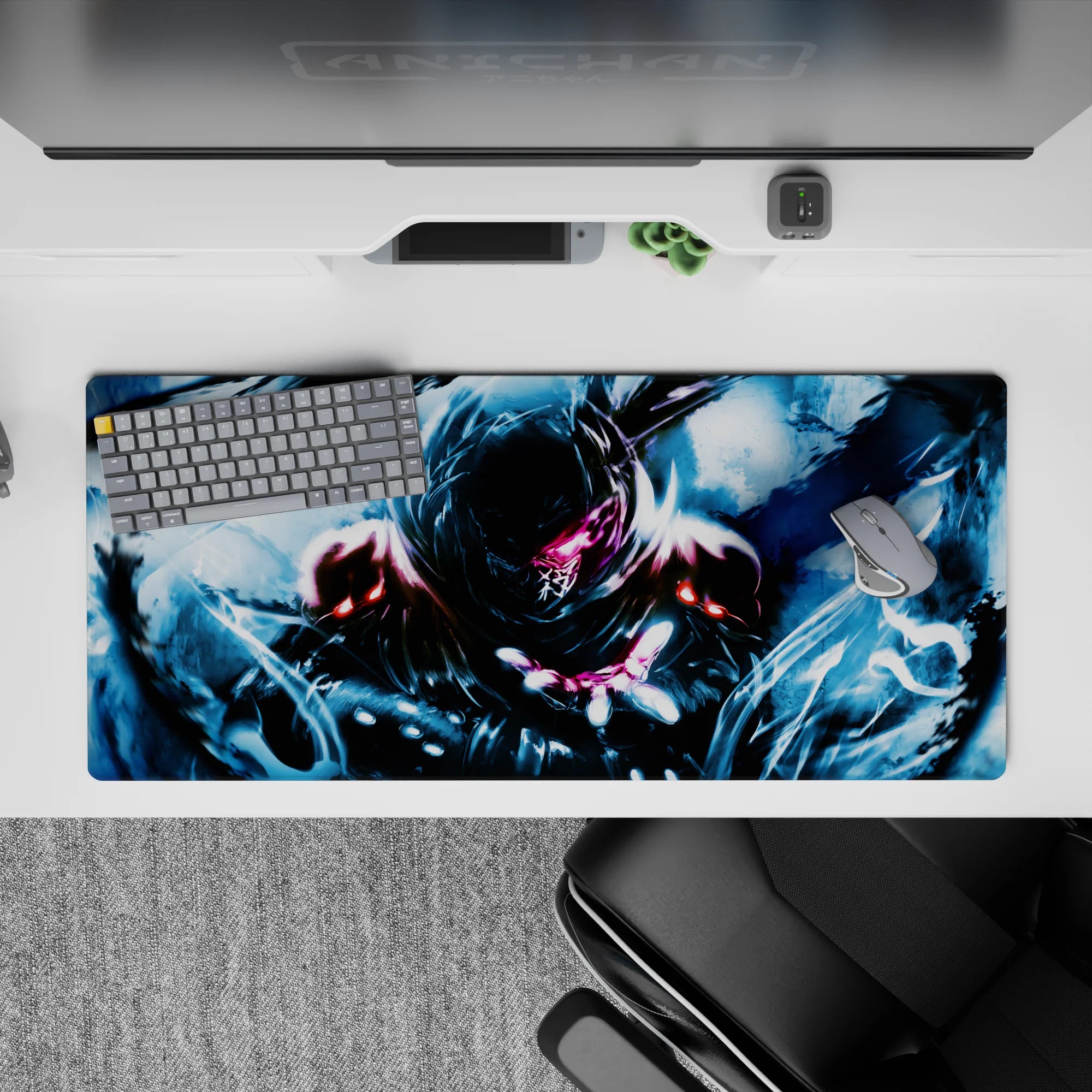 36x16 inches anime desk pad in cold blues and rainy gloss highlights, intense silent storm mood.