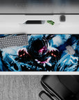 36x16 inches anime desk pad in cold blues and rainy gloss highlights, intense silent storm mood.