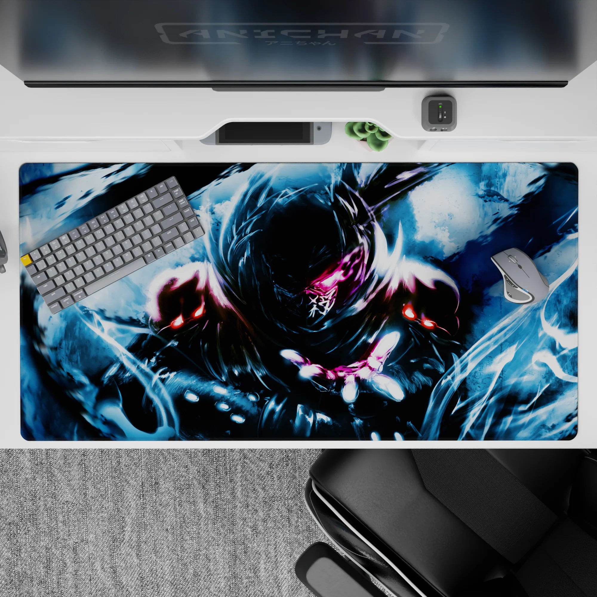 Anime desk pad 40x20 inches in cold blues with rainy gloss highlights, stormy brush strokes, and silent mood.