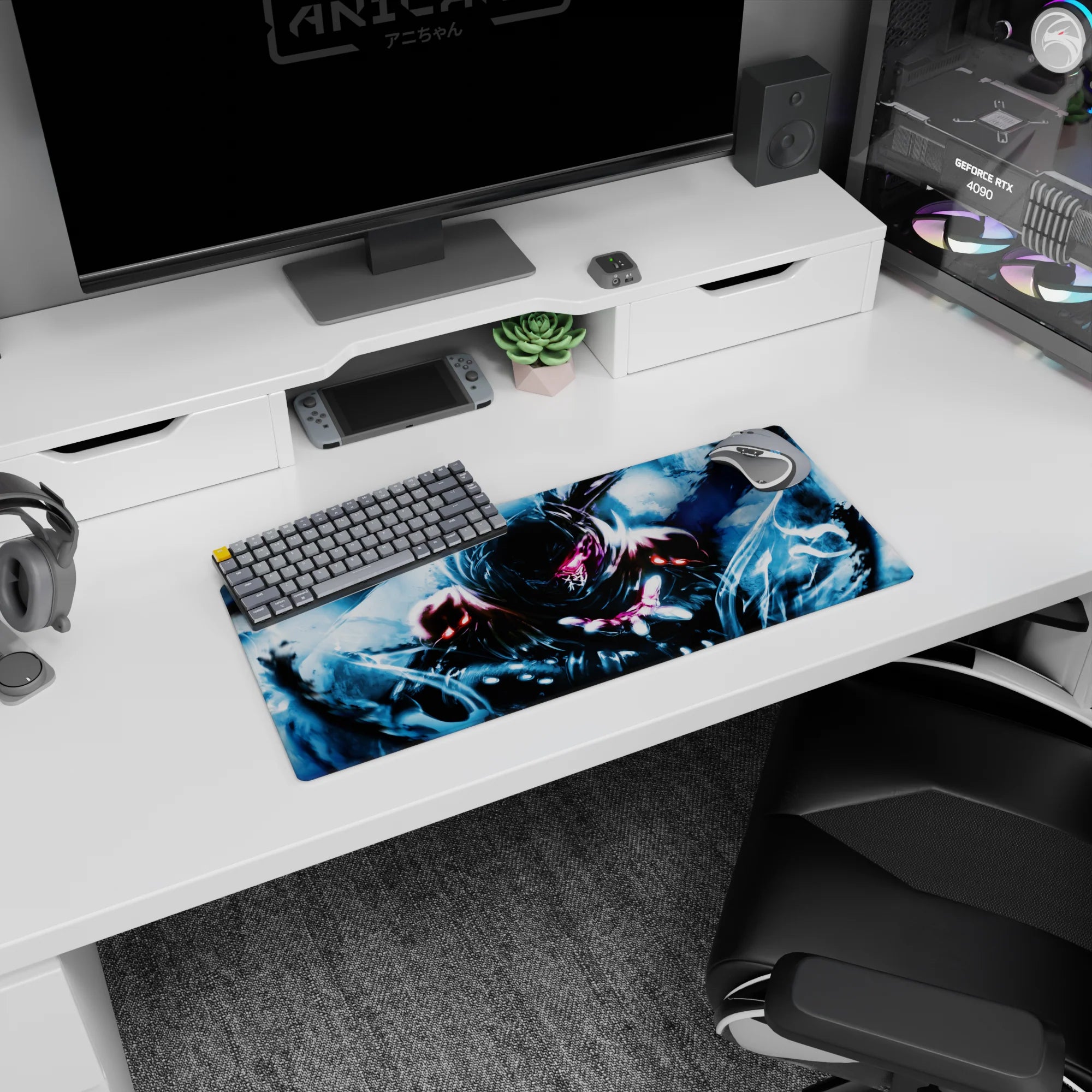 28x12 inches anime mouse pad showing a hooded warrior reaching out, energy swirling from the air, pink eye glow.