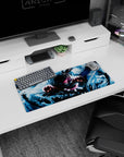 28x12 inches anime mouse pad showing a hooded warrior reaching out, energy swirling from the air, pink eye glow.