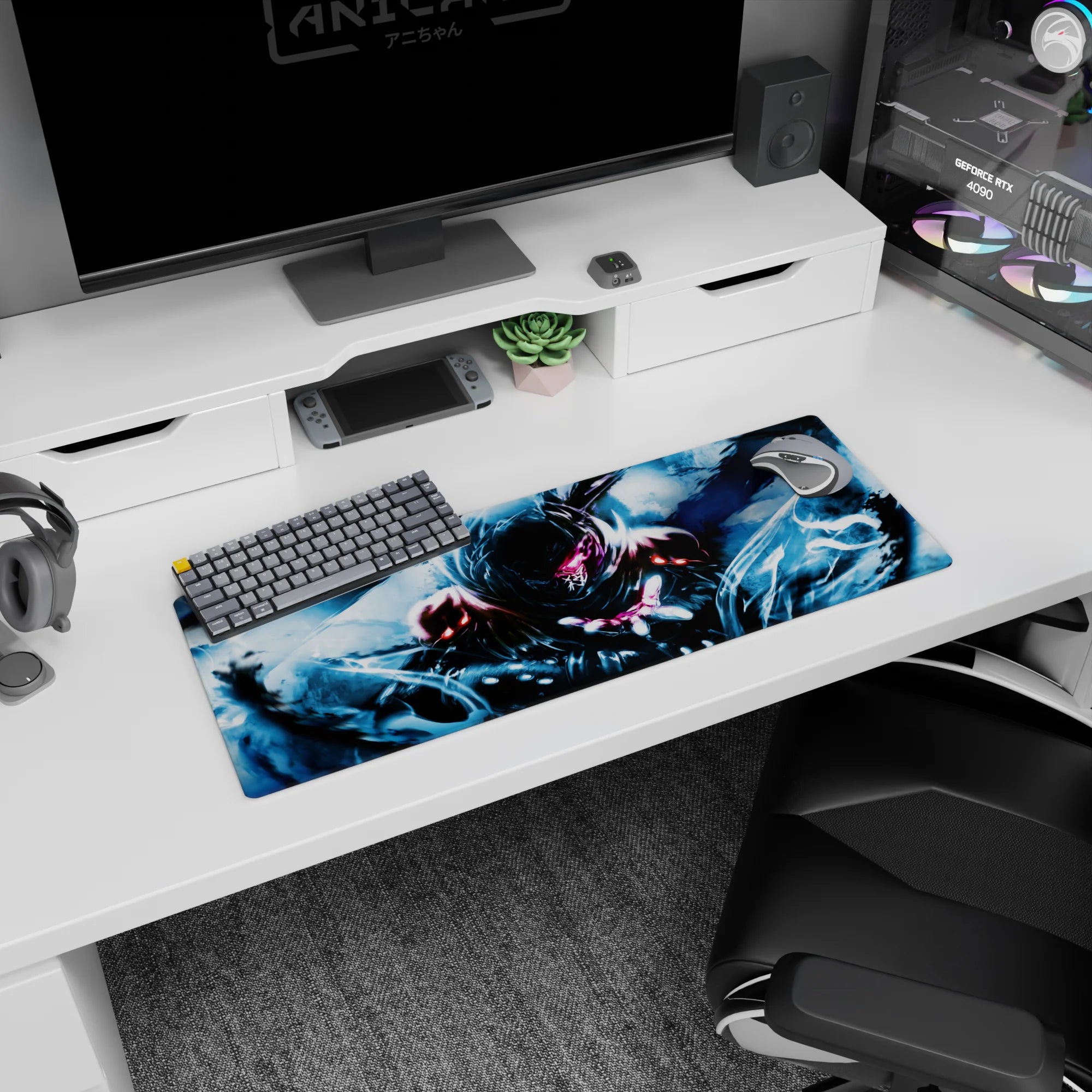 Anime mouse pad 32x12 inches showing a hooded warrior reaching out, power pulled from the air.