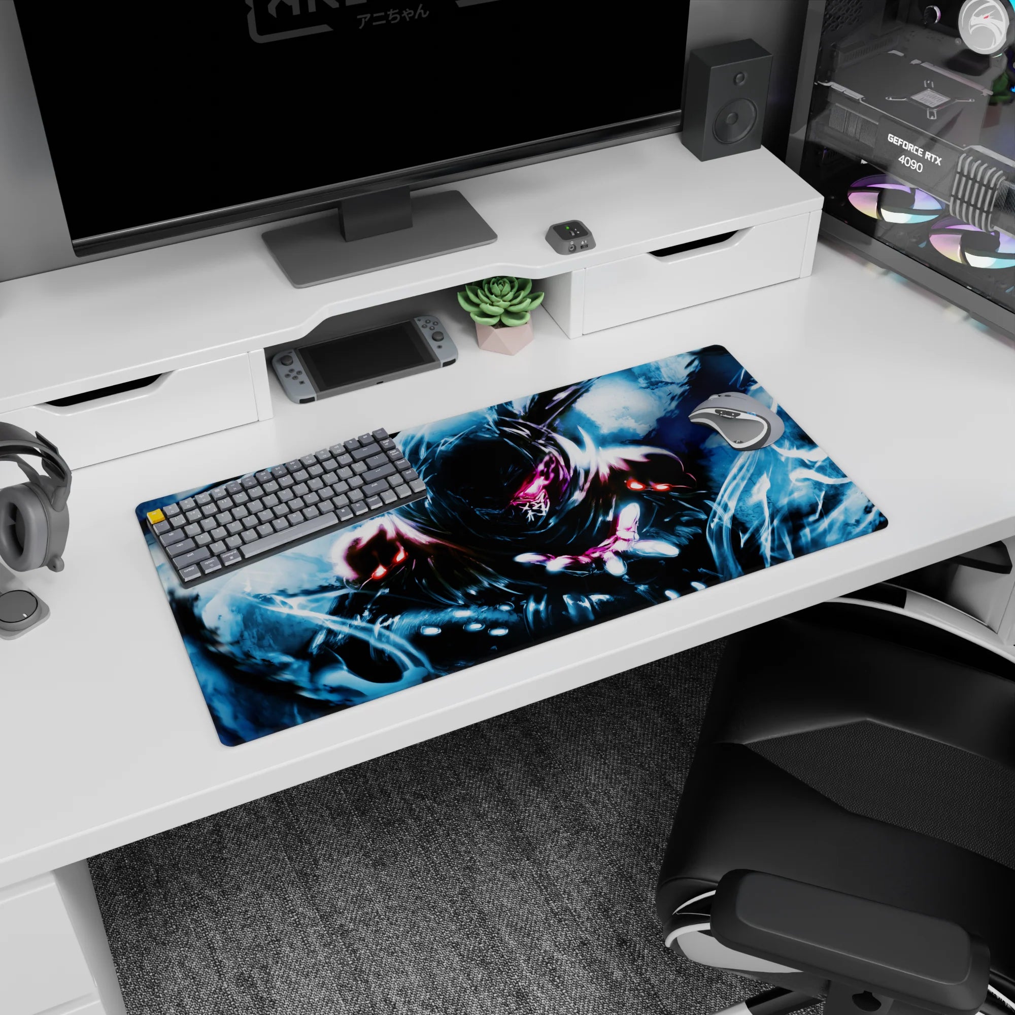 32x16 inches anime mouse pad showing a hooded warrior reaching out, energy swirling from the air, pink eyes.