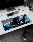 32x16 inches anime mouse pad showing a hooded warrior reaching out, energy swirling from the air, pink eyes.