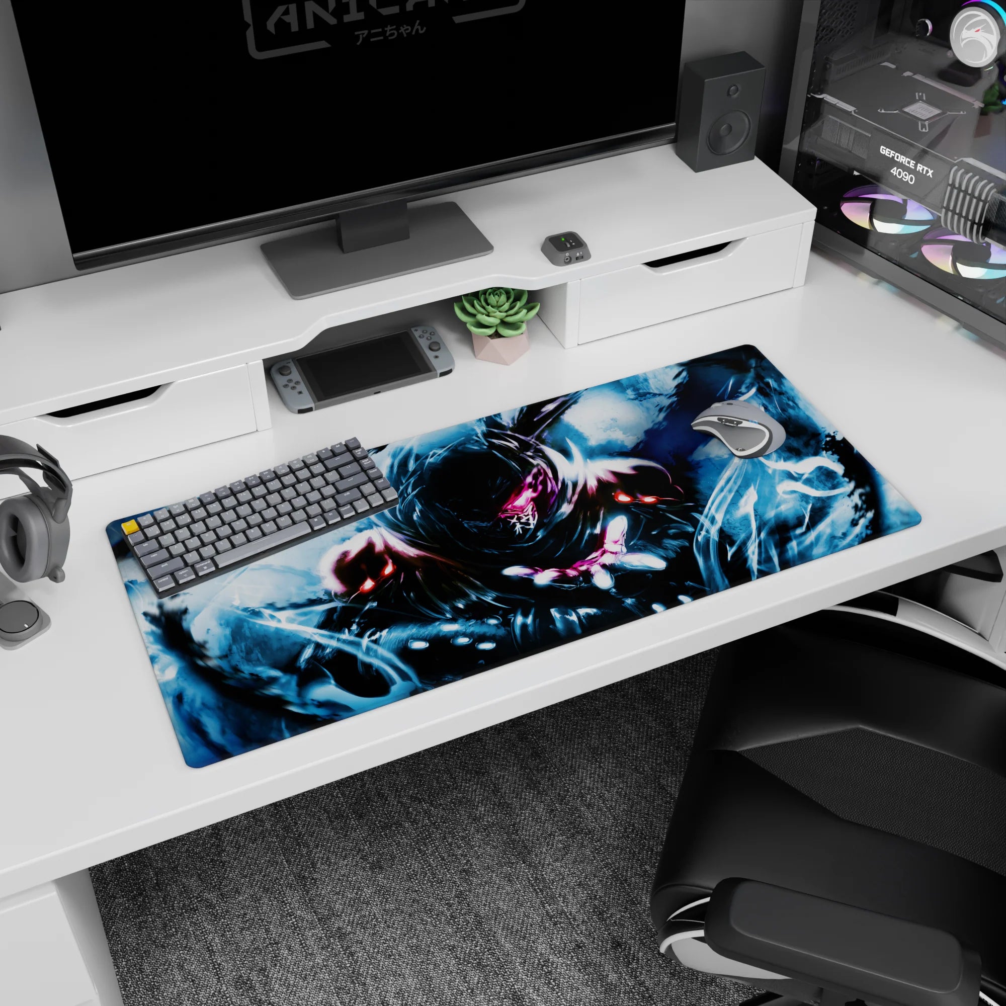 36x16 inches anime desk pad showing a hooded warrior reaching out, blue energy swirling, razor pink eye.