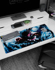 36x16 inches anime desk pad showing a hooded warrior reaching out, blue energy swirling, razor pink eye.