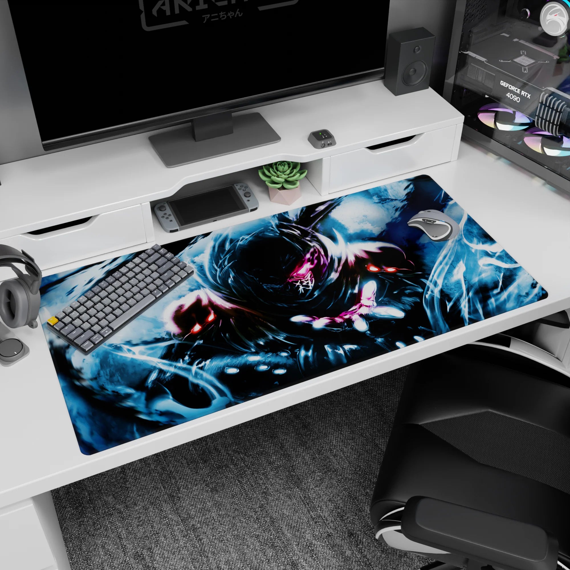 Anime desk pad 40x20 inches showing a hooded armored warrior reaching out, pulling blue power from the air.
