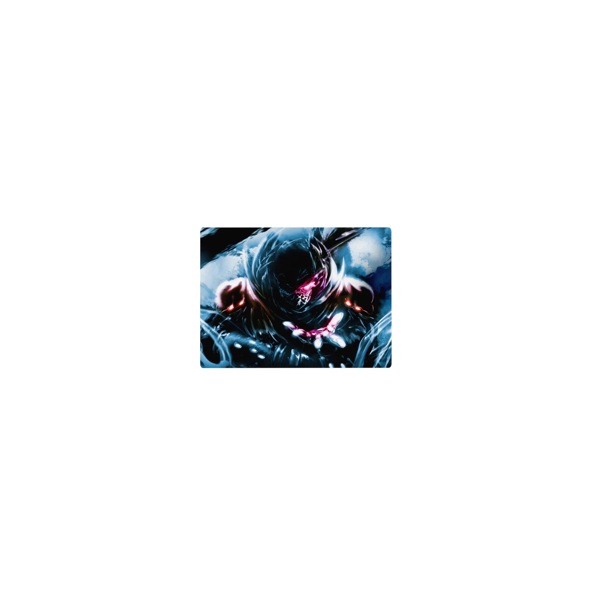 Classic anime mouse pad 14x10 inches with hooded dark-armored fighter, pink eye glow, and stormy energy.