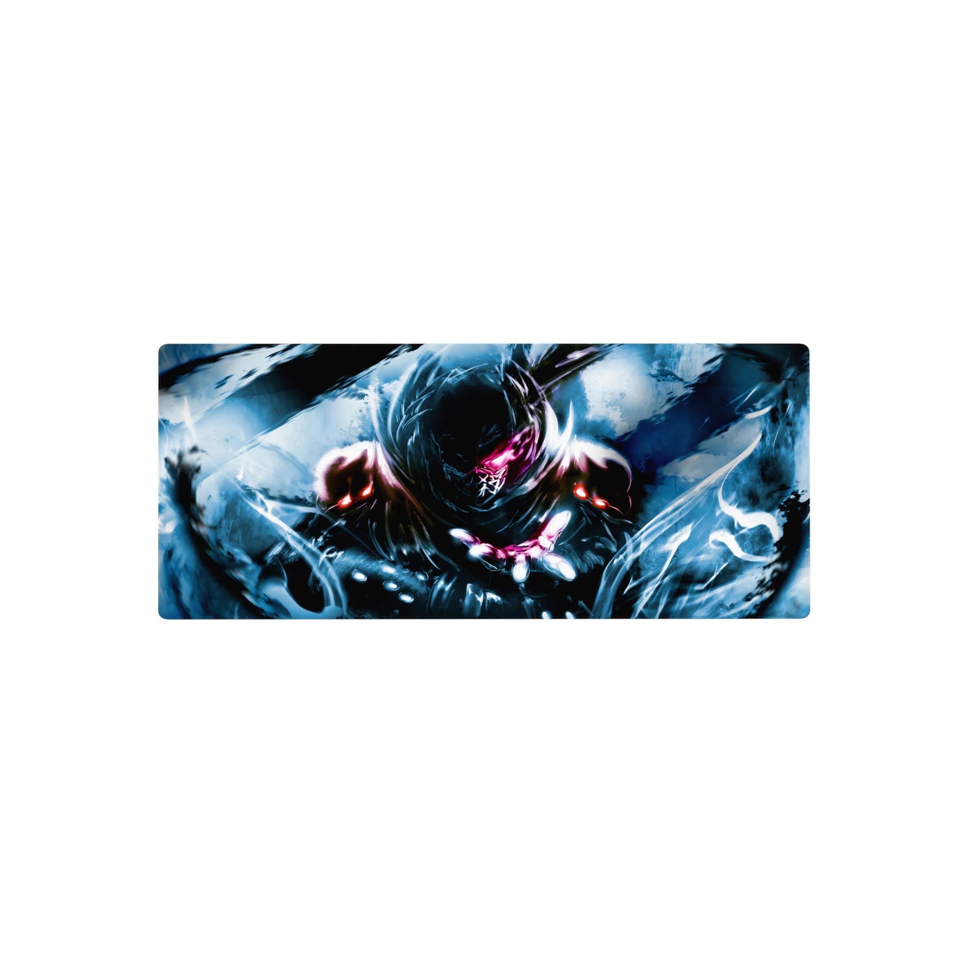 28x12 inches anime mouse pad with hooded dark-armored fighter and razor pink eye glow, stormy power art.