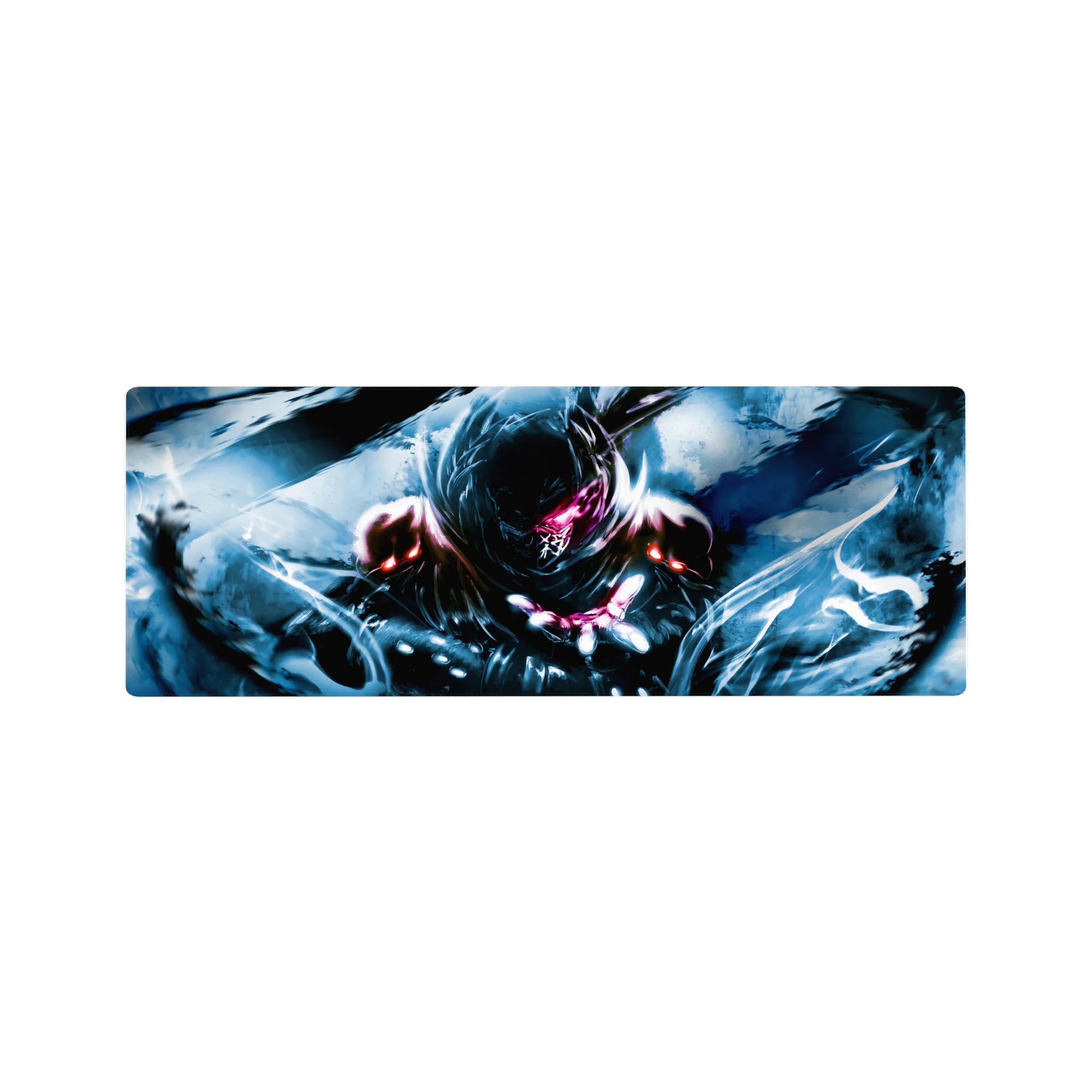 Anime mouse pad 32x12 inches with hooded dark-armored fighter and razor pink eye glow.