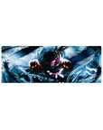 Anime mouse pad 32x12 inches with hooded dark-armored fighter and razor pink eye glow.