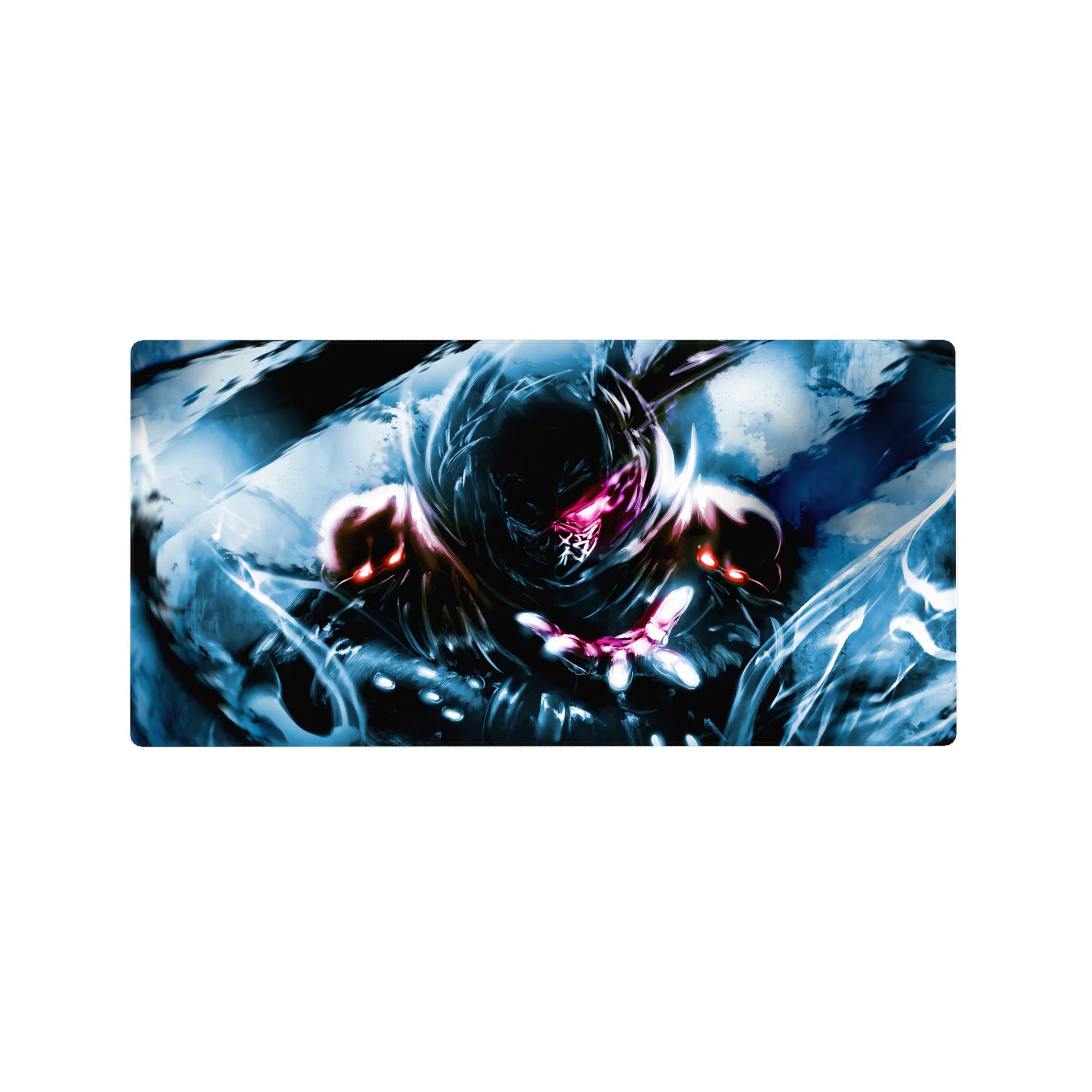 32x16 inches anime mouse pad with hooded dark-armored fighter and razor pink eye glow, stormy power art.