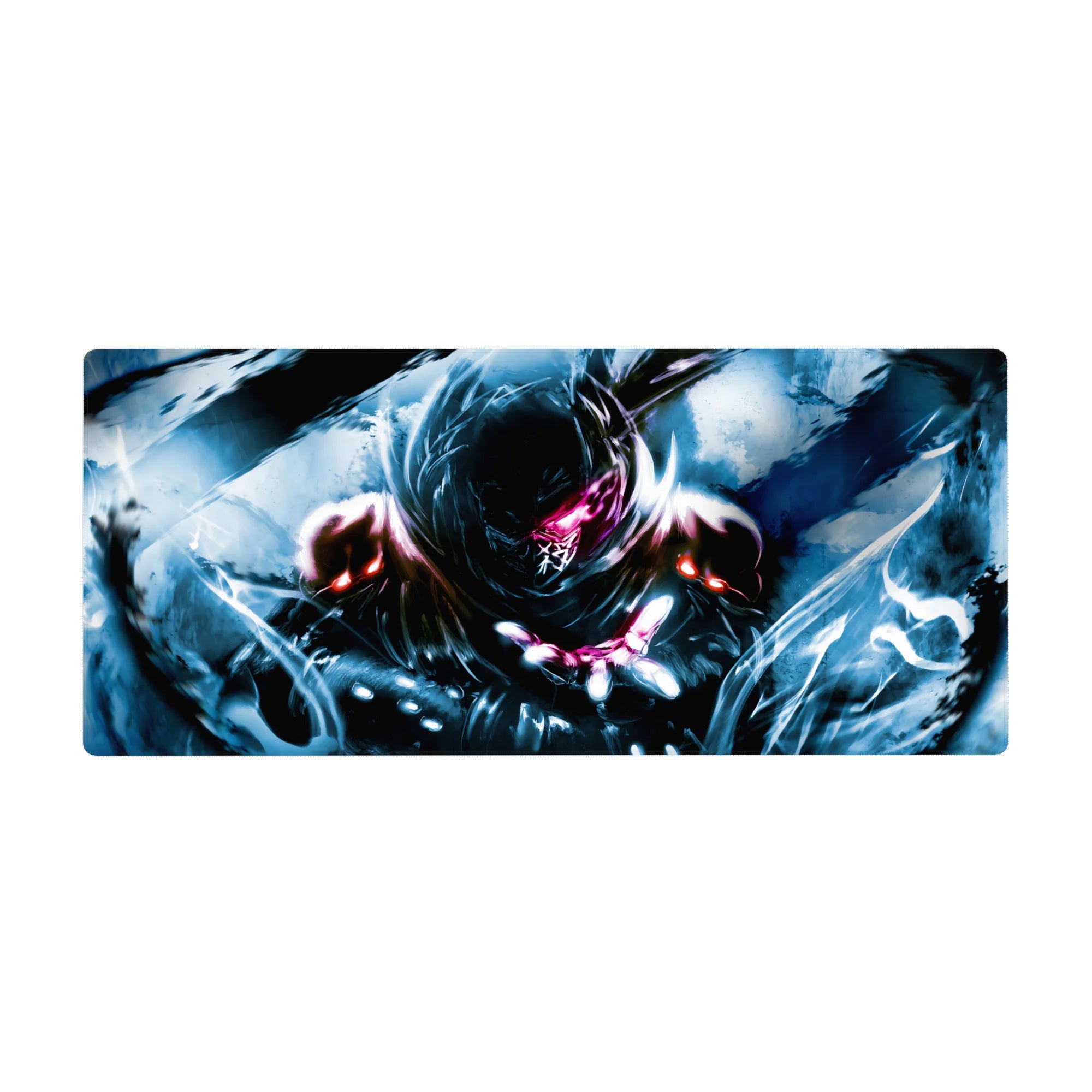 36x16 inches anime desk pad with hooded dark-armored fighter, pink eye glow, stormy power effect.