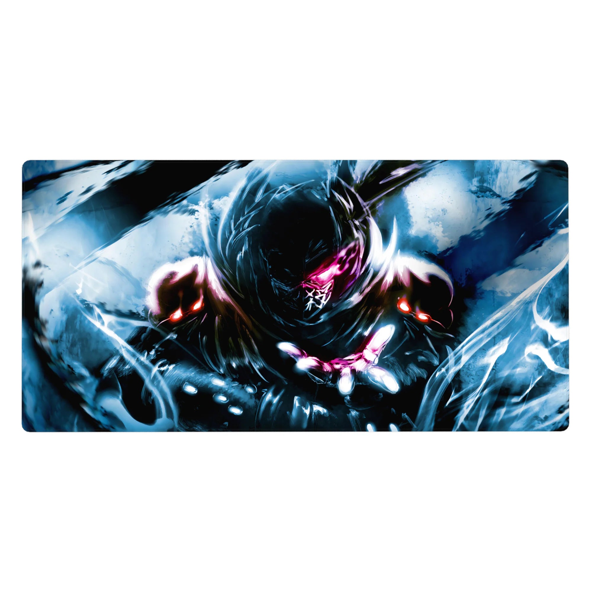 Anime desk pad 40x20 inches with hooded fighter, dark armor, pink eye glow, and stormy energy art.