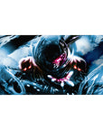 Anime desk pad 40x20 inches with hooded fighter, dark armor, pink eye glow, and stormy energy art.