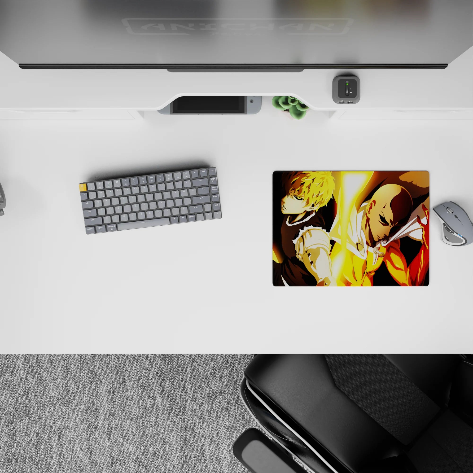 Anime mouse pad 14x10 inches in hot gold and deep shadows, bold heroic vibe for night gaming.