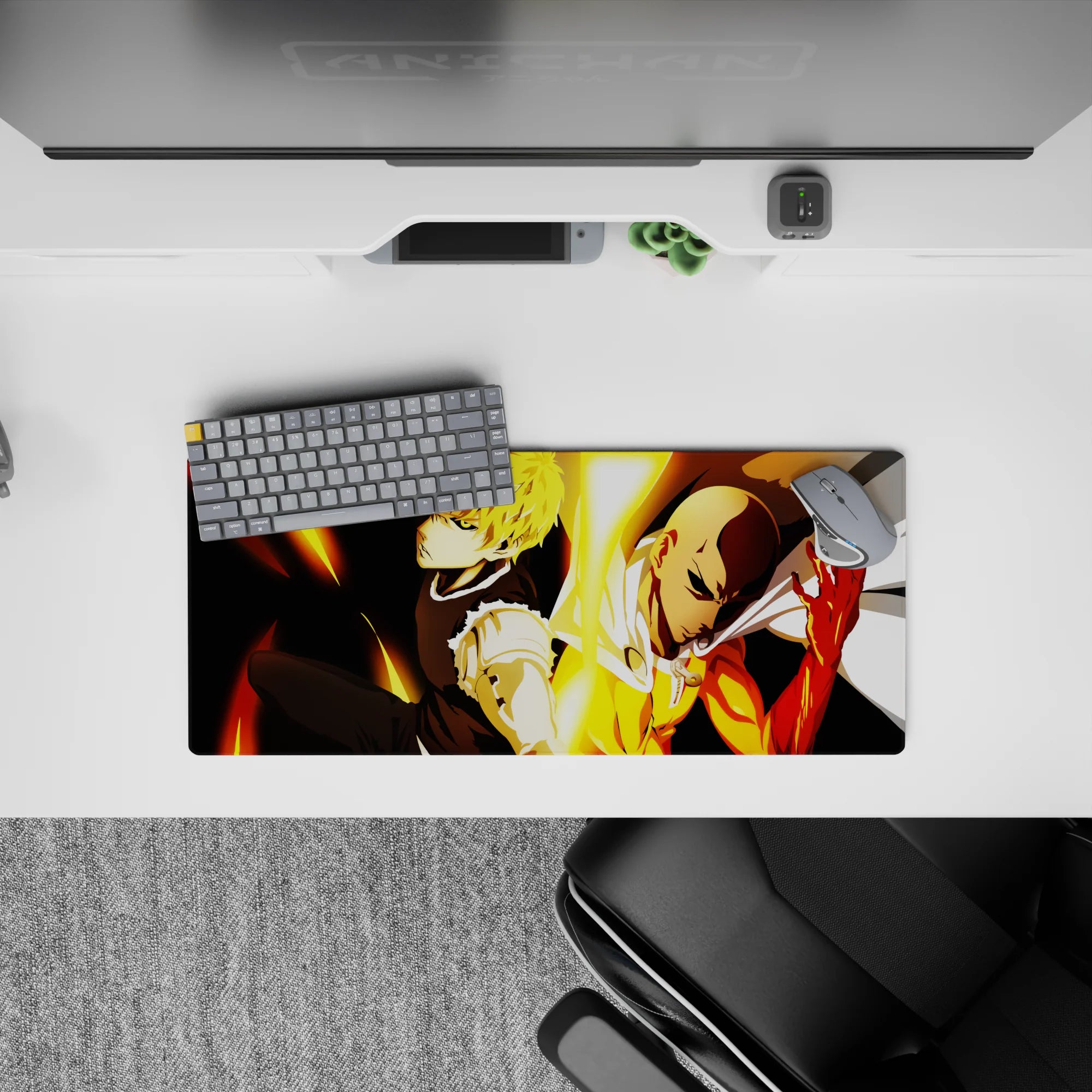 28x12 inches anime mouse pad with hot gold light on a dark backdrop, sleek metallic shine, focused vibe.