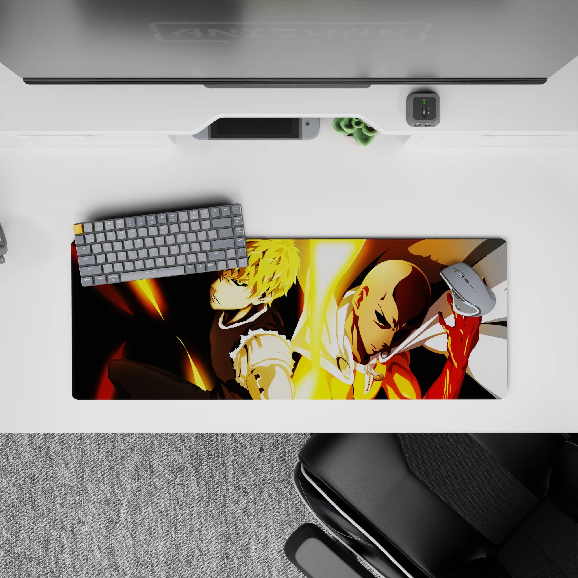 32x12 inches anime mouse pad with hot gold lighting on a dark backdrop, sleek metallic tones, focused mood.