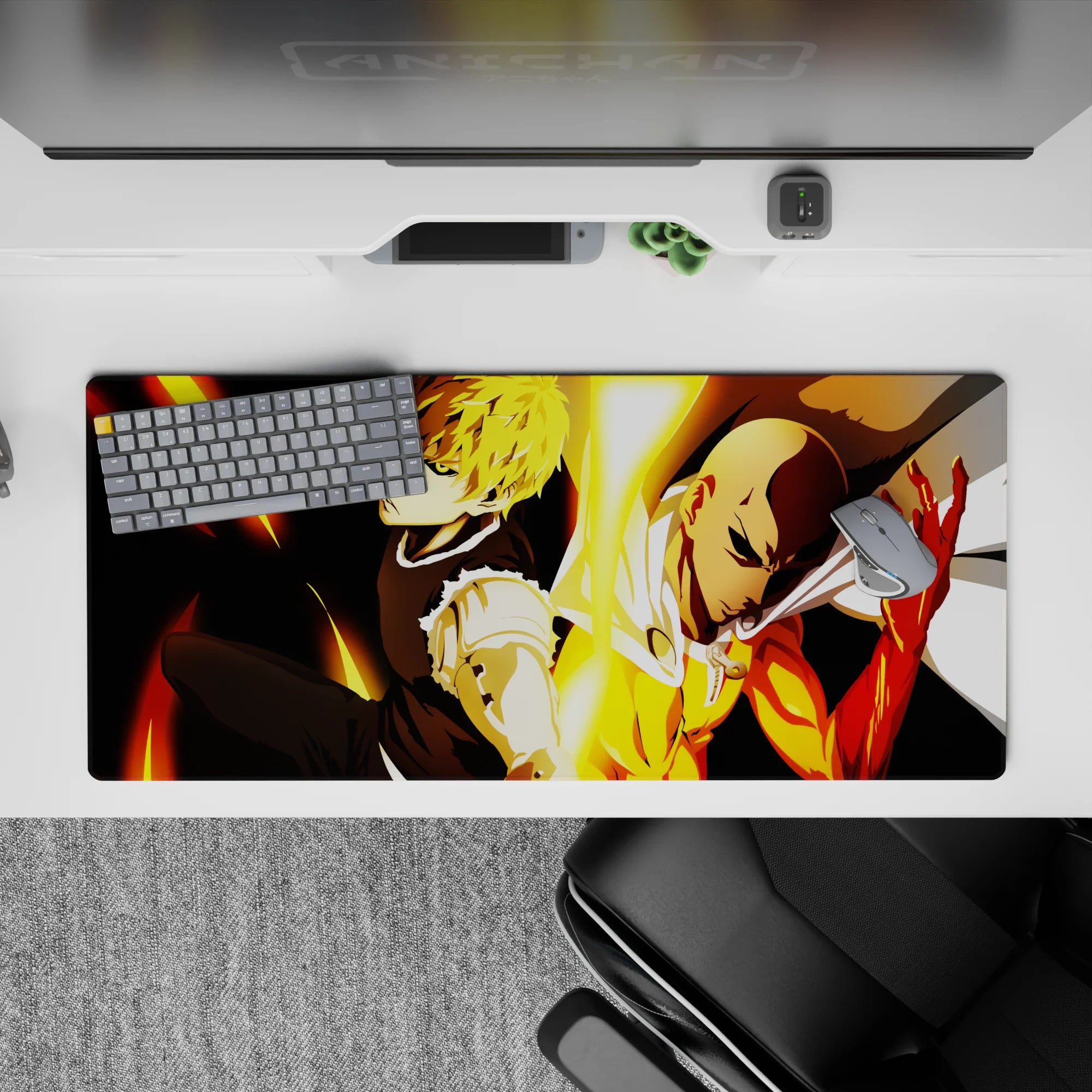 36x16 inches anime desk pad in hot gold light on dark backdrop, sleek metallic highlights, calm focus vibe.