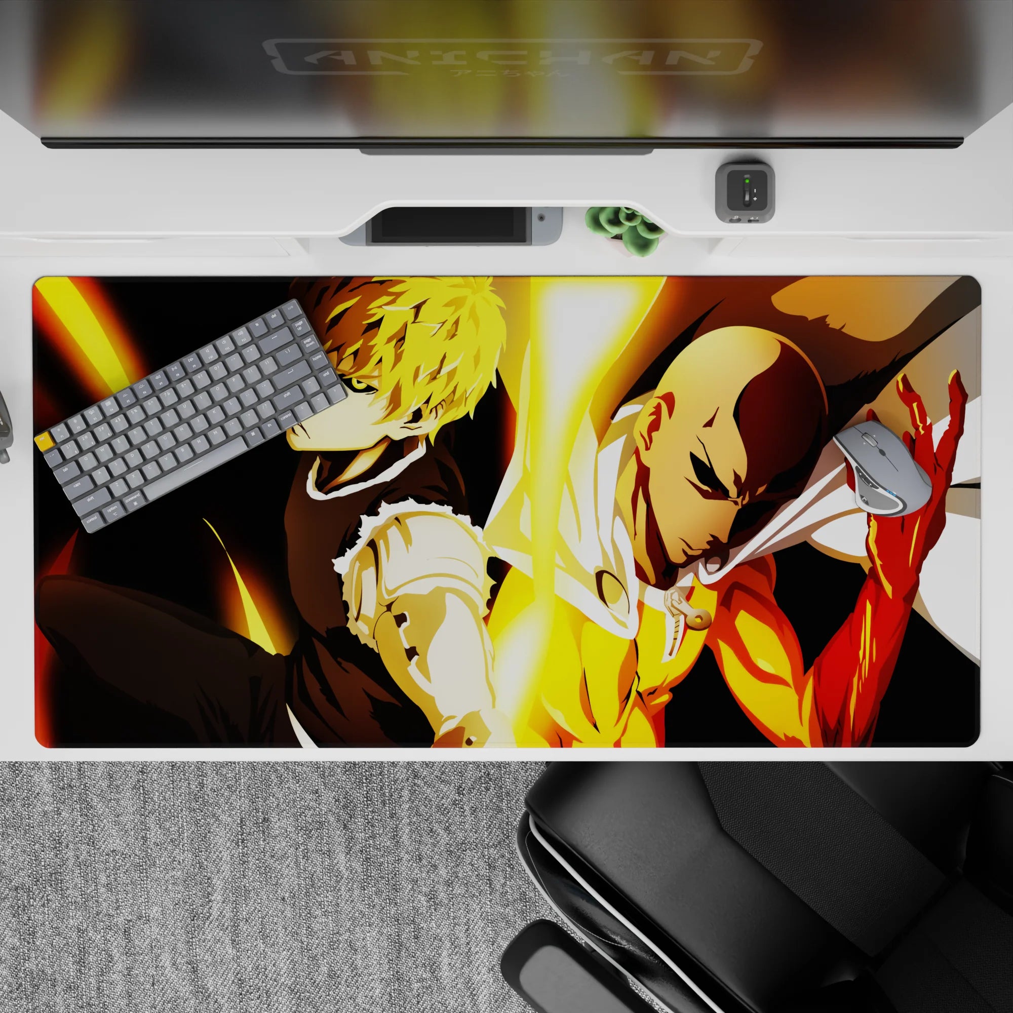 40x20 inches anime desk pad with hot gold light on dark backdrop, calm heroic vibe for late-night focus.