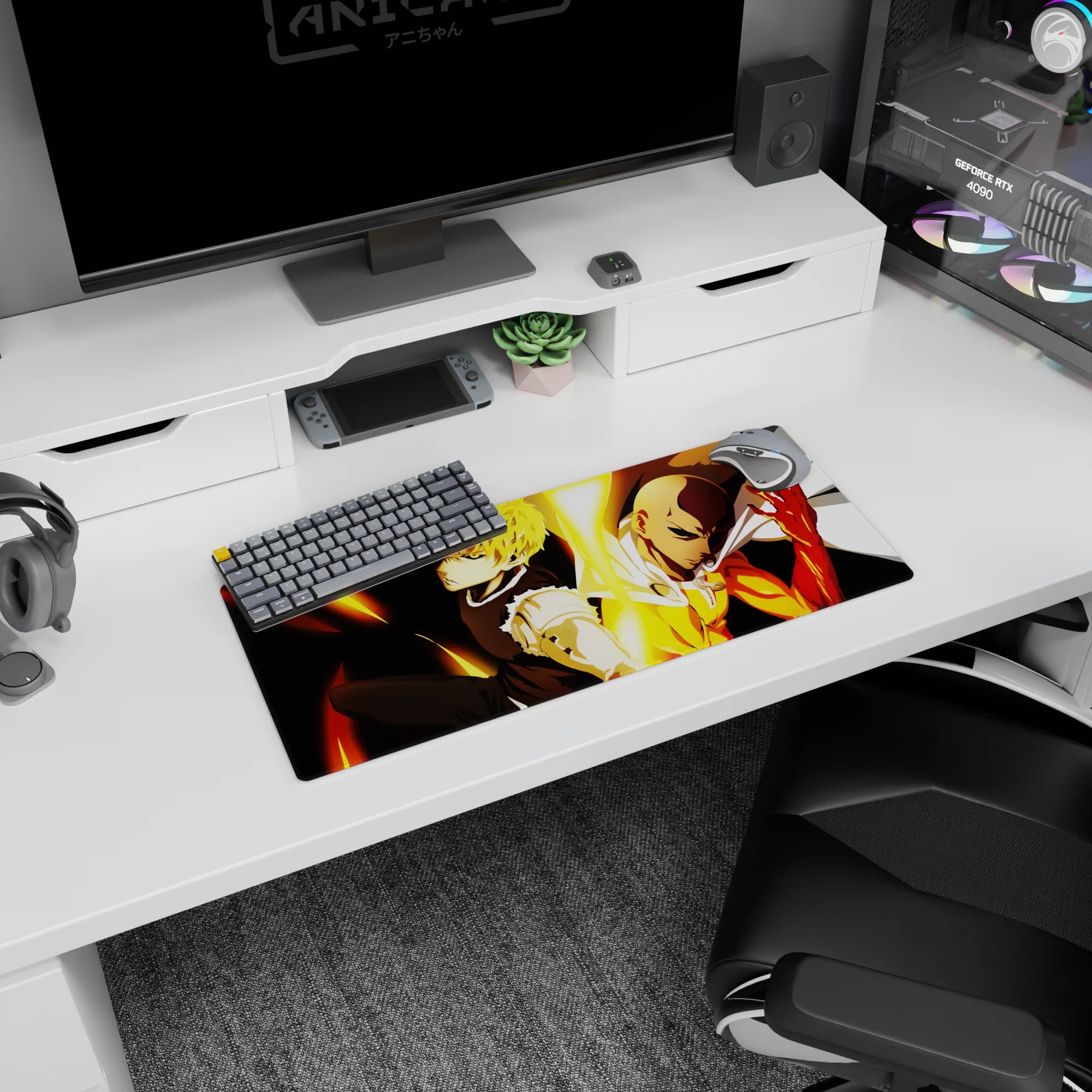 28x12 inches One Punch Man mouse pad showing Saitama’s white cape and Genos’ cyber arms in action pose.
