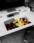 28x12 inches One Punch Man mouse pad showing Saitama’s white cape and Genos’ cyber arms in action pose.