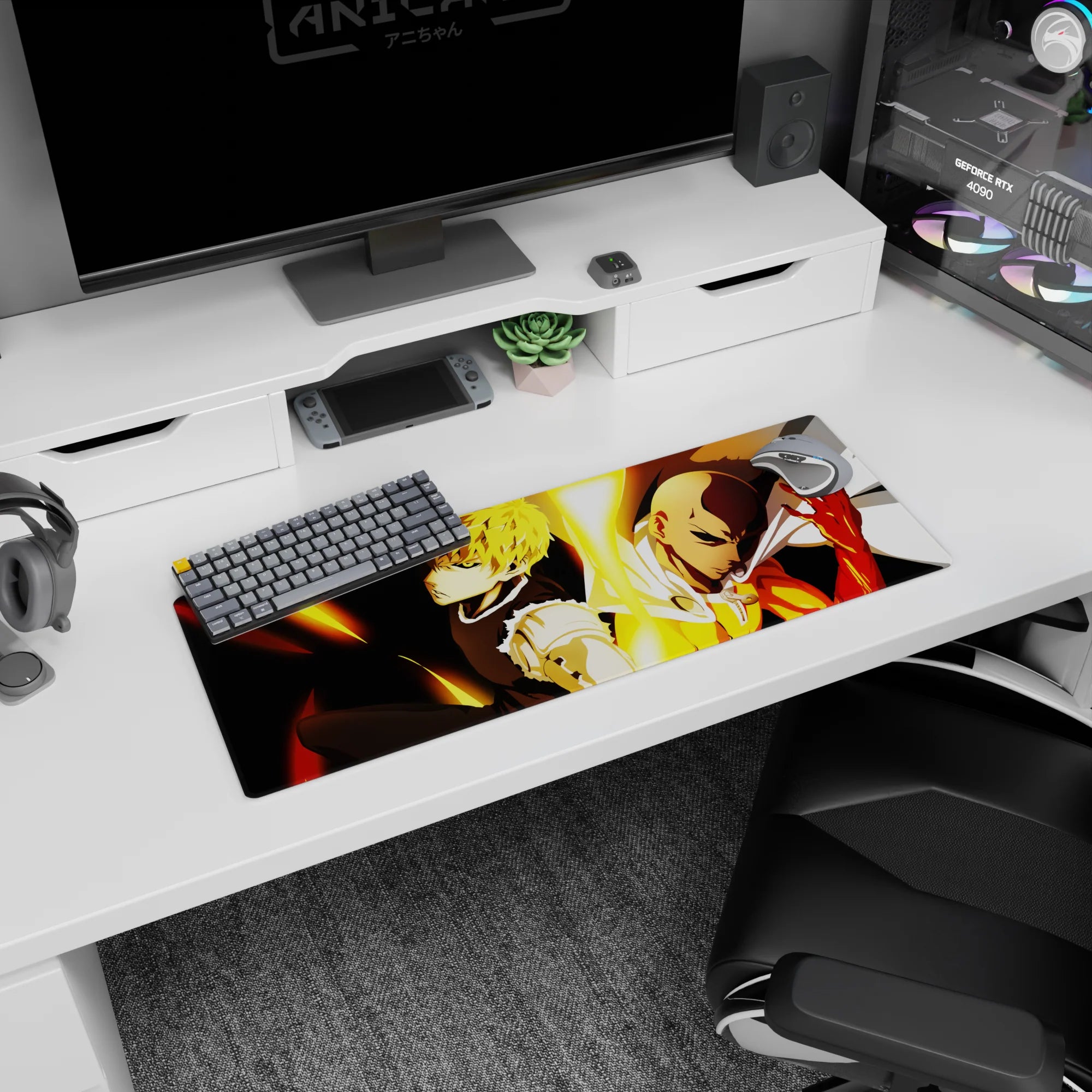 32x12 inches One Punch Man mouse pad showing Saitama’s cape and Genos’ cyber arms in a back-to-back pose.