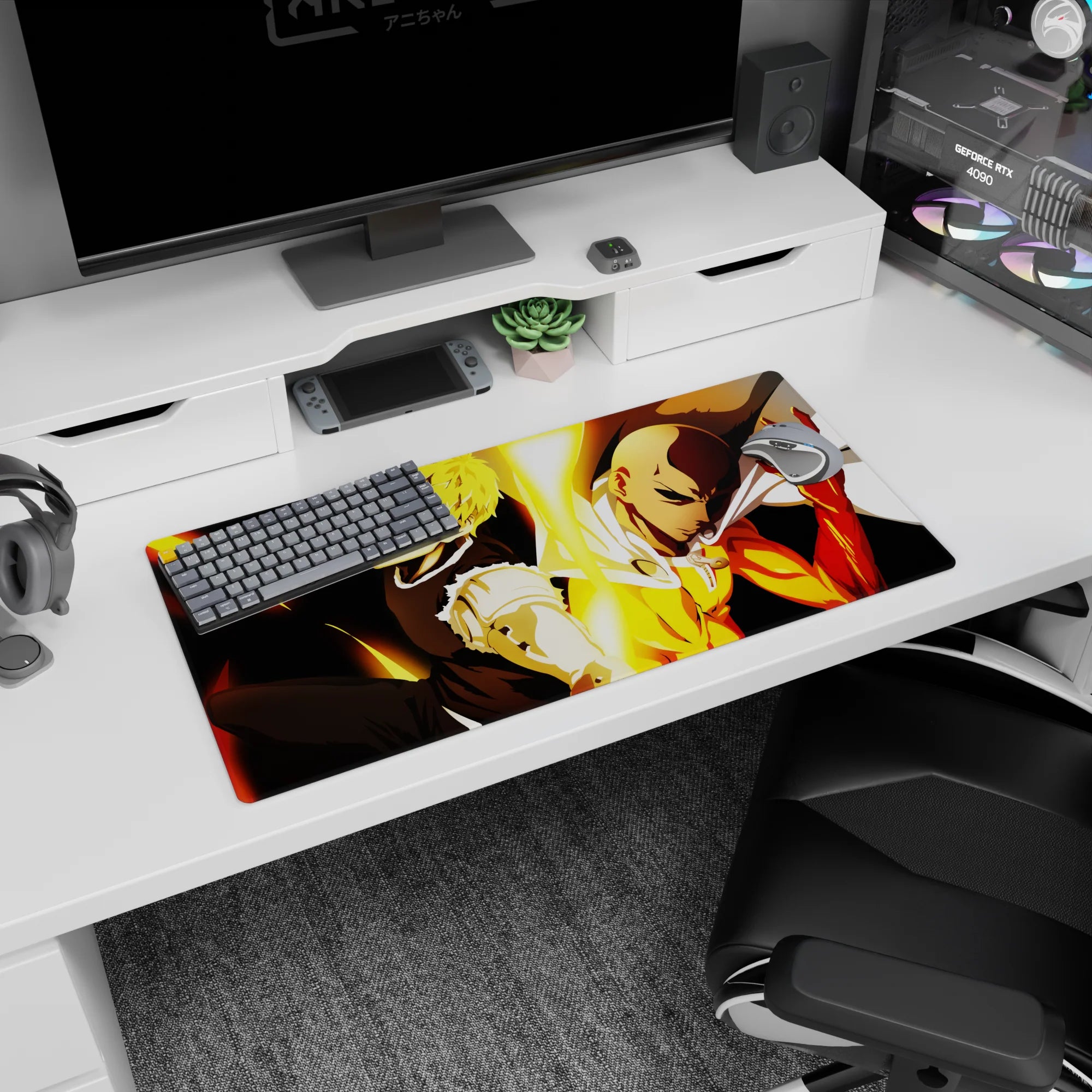 32x16 inches One Punch Man mouse pad featuring Saitama and Genos back-to-back, cape and cyber arms lit.