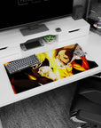 32x16 inches One Punch Man mouse pad featuring Saitama and Genos back-to-back, cape and cyber arms lit.