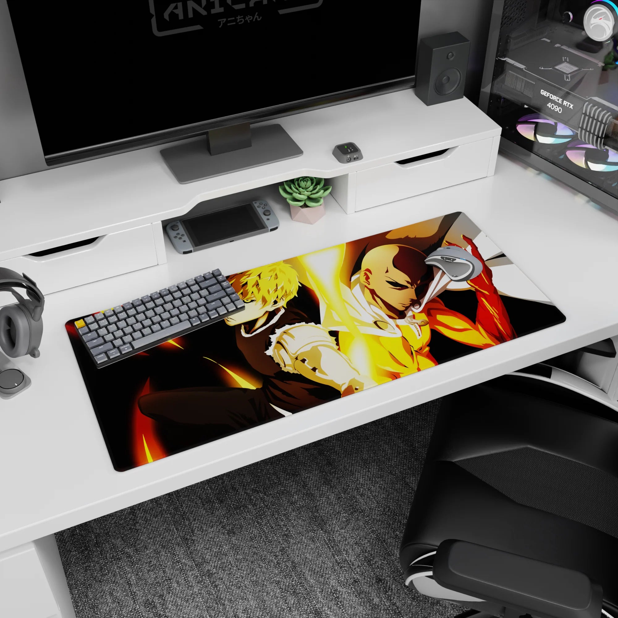 36x16 inches One Punch Man desk pad showing Saitama’s white cape and Genos’ chrome arms in action pose.