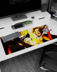 36x16 inches One Punch Man desk pad showing Saitama’s white cape and Genos’ chrome arms in action pose.