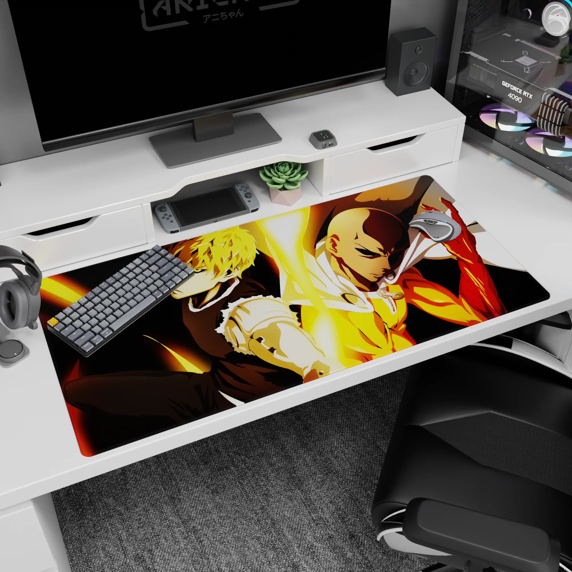 40x20 inches One Punch Man desk pad showing Saitama’s white cape and Genos’ metallic arms glowing.