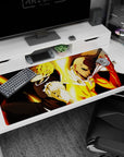 40x20 inches One Punch Man desk pad showing Saitama’s white cape and Genos’ metallic arms glowing.