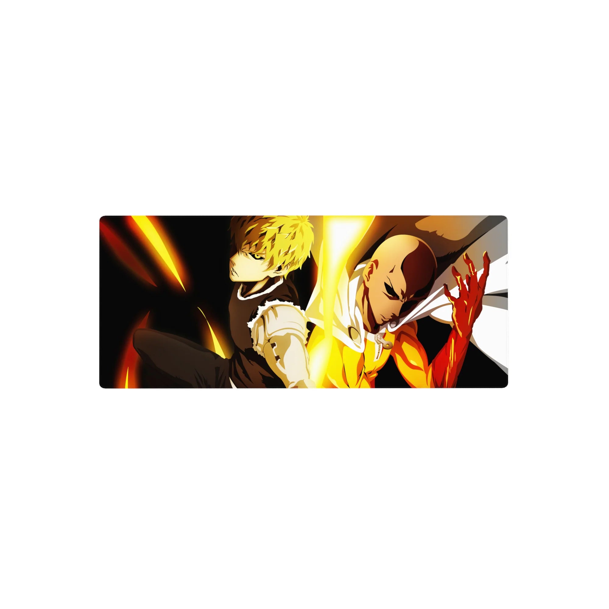 28x12 inches anime mouse pad with Saitama and Genos back-to-back, bold lines and heroic shadowing.